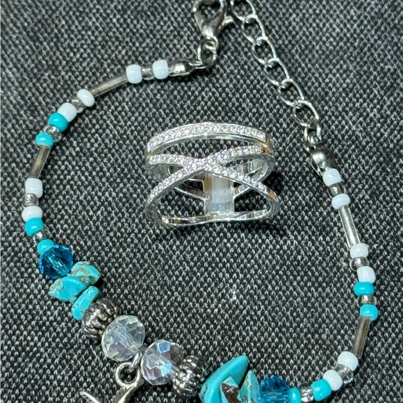 Turquoise ,white , pewter, stainless steel charm, clasp with ring. - Picture 2 of 3